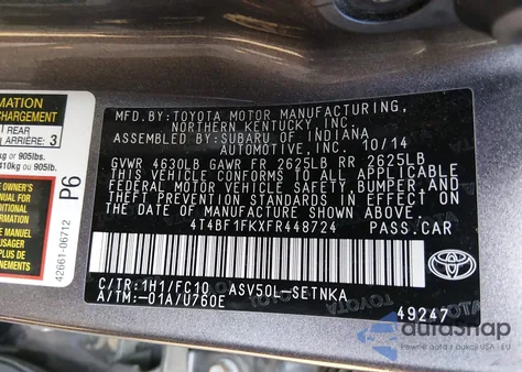 2015 Toyota Camry Le z USA, uszkodzony, nr VIN 4T4BF1FKXFR448724